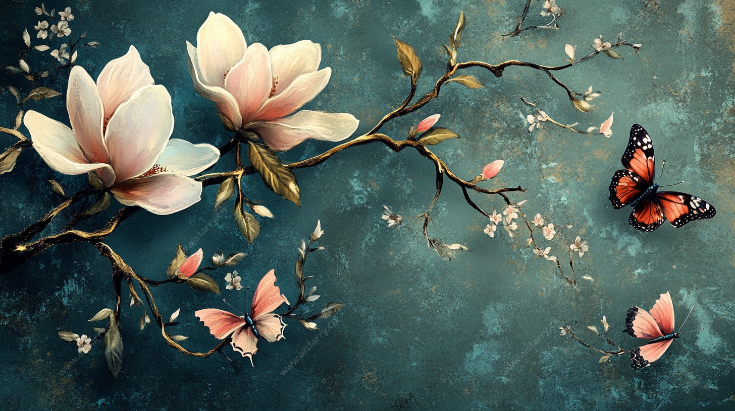 玉兰花枝上的蝶舞图景