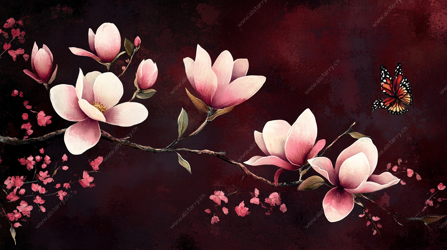 玉兰花枝上的蝶影