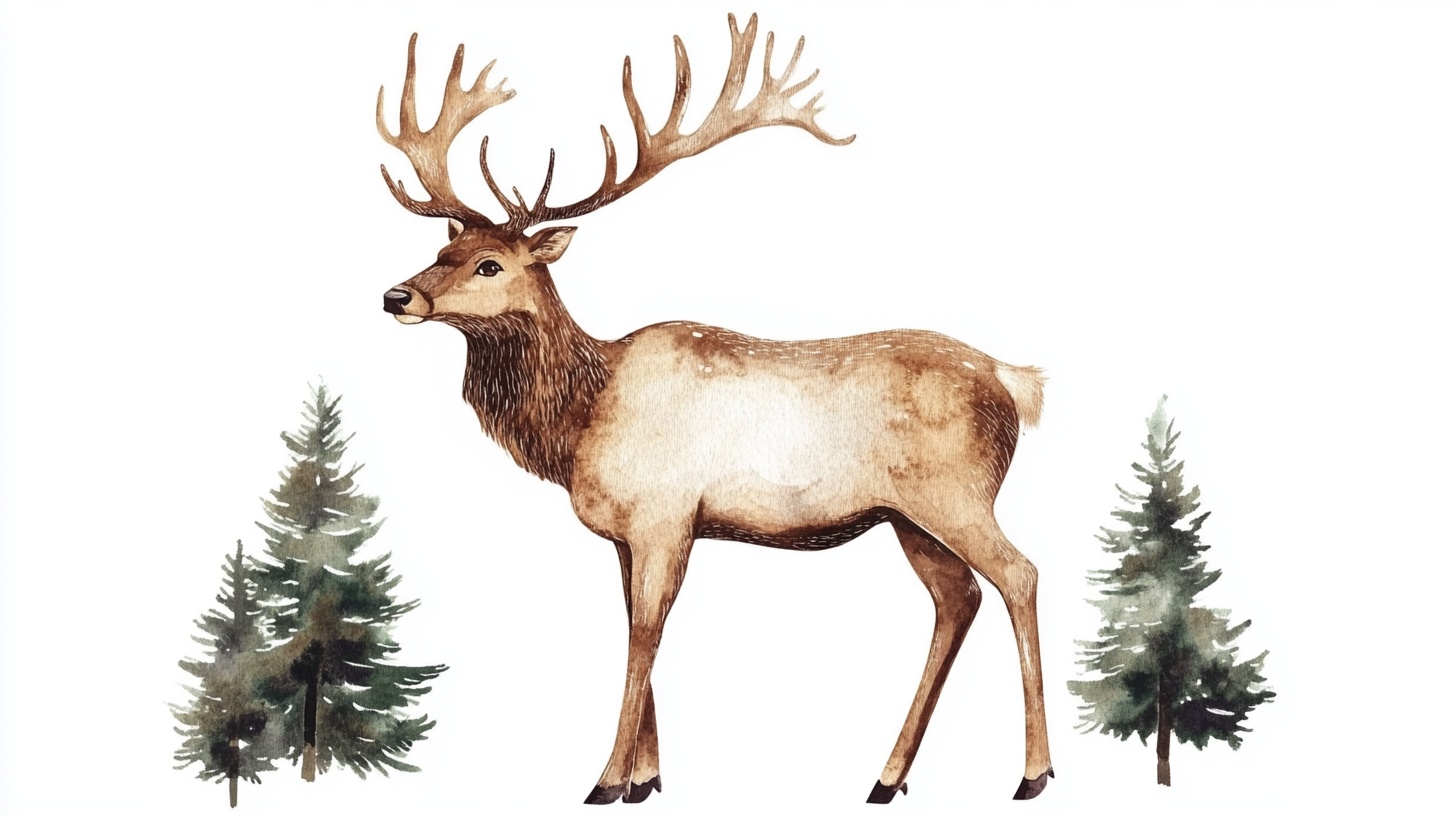 水彩麋鹿与松树插画