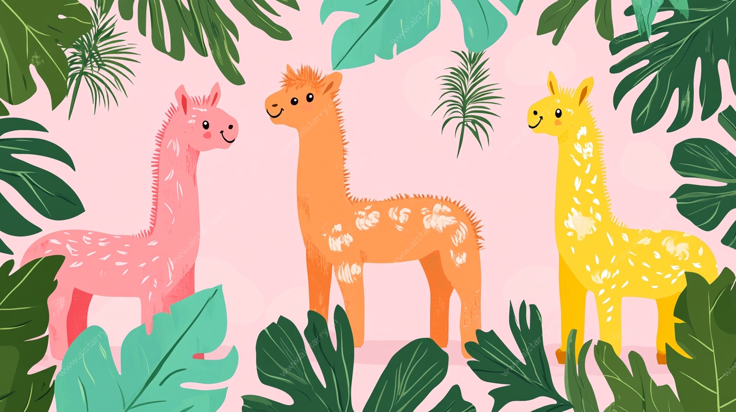 三只萌羊驼置身绿植间