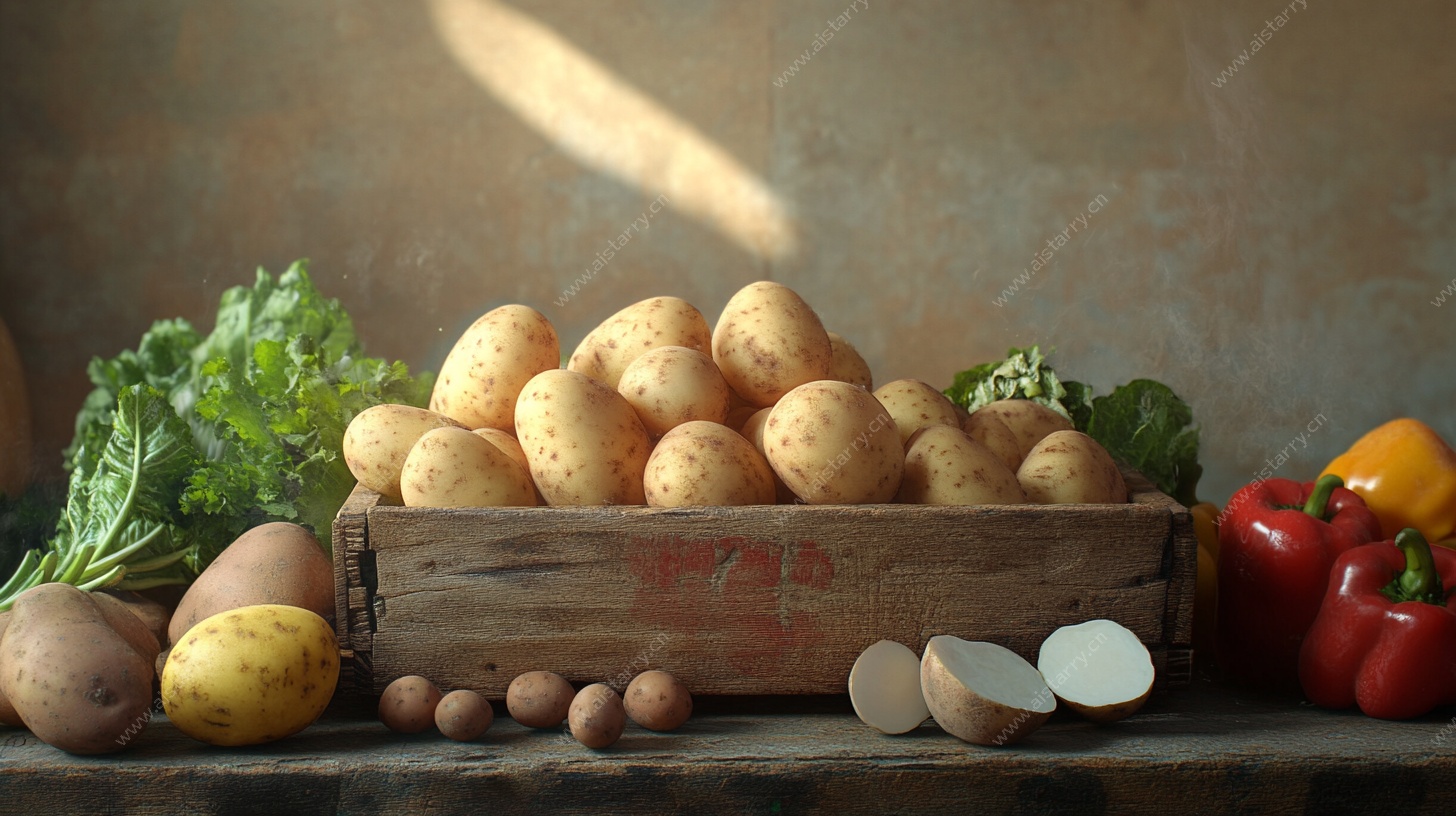 木盒中的多彩新鲜土豆