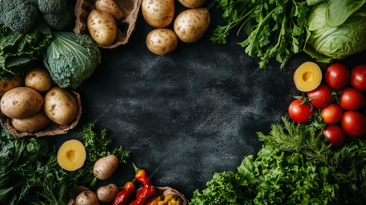 蔬菜环绕的黑色背景静物