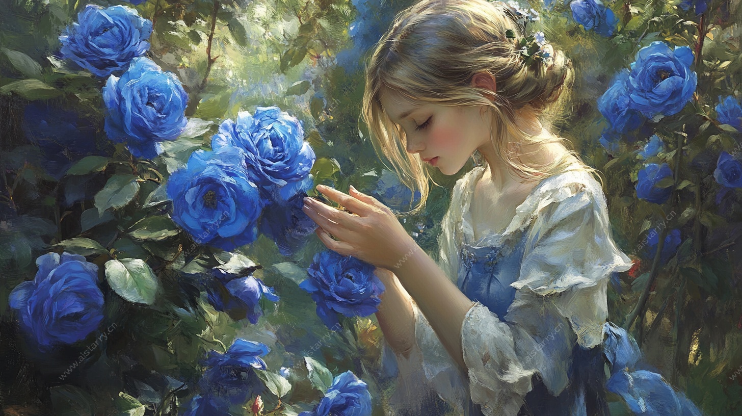 蓝玫瑰旁的梦幻少女