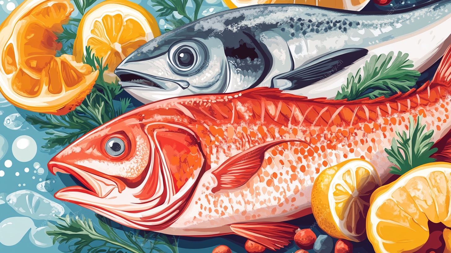 鲜鱼配橙的清新插画