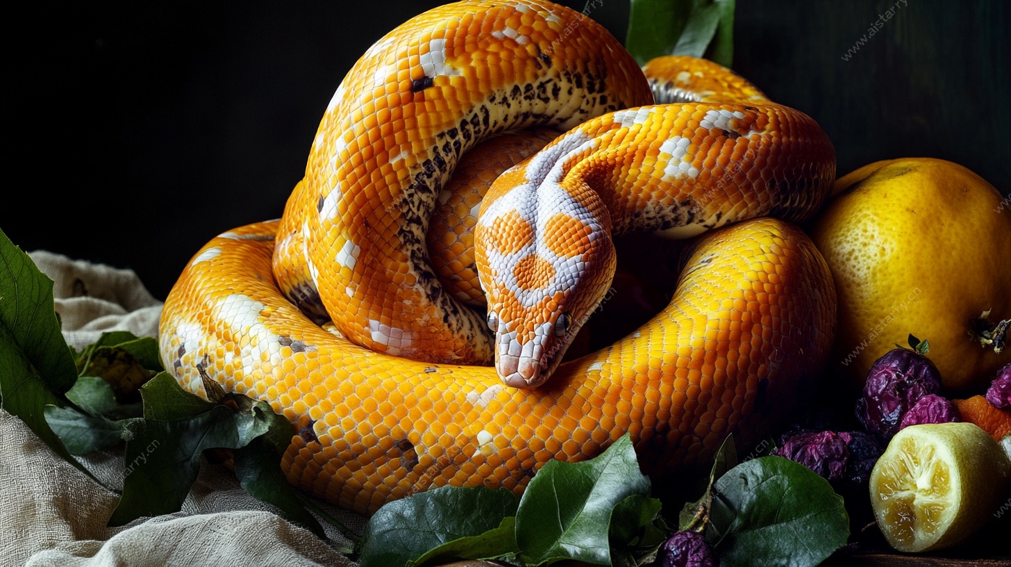 橙蛇盘卧水果间艺术照