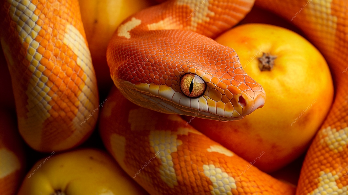 橙蛇盘卧于鲜果之中
