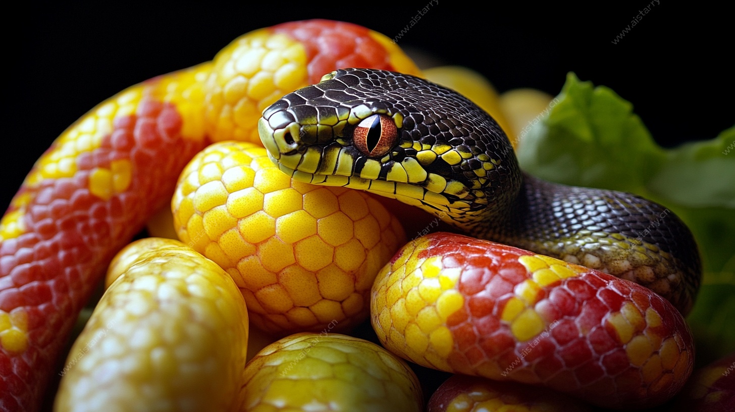 彩纹蛇盘于多彩果实间