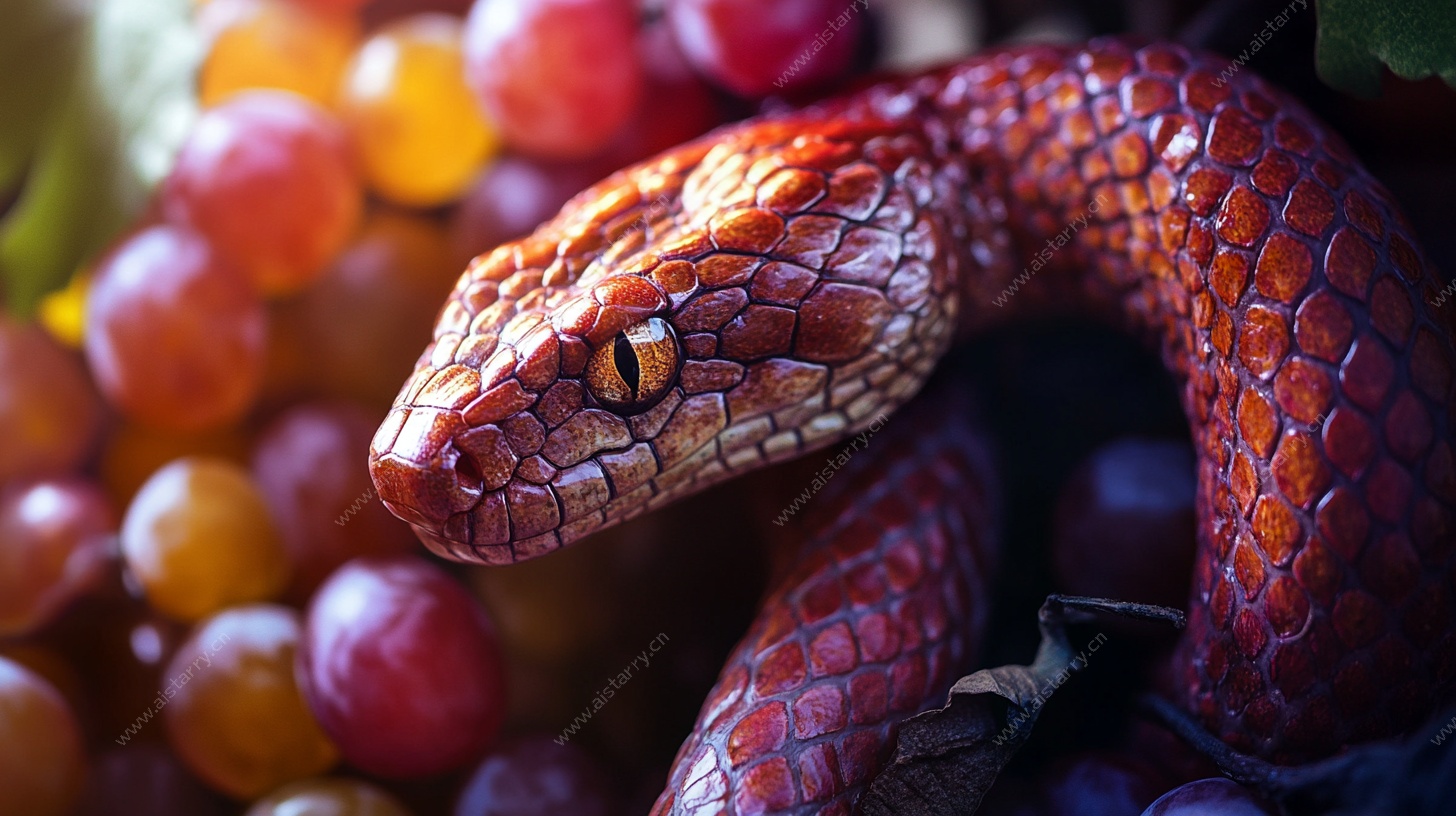 红蛇盘踞于多彩葡萄间