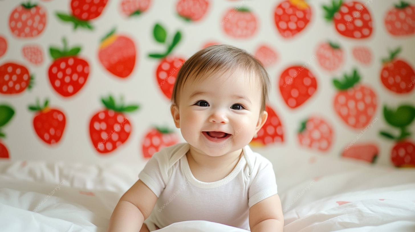 草莓背景前的可爱宝宝