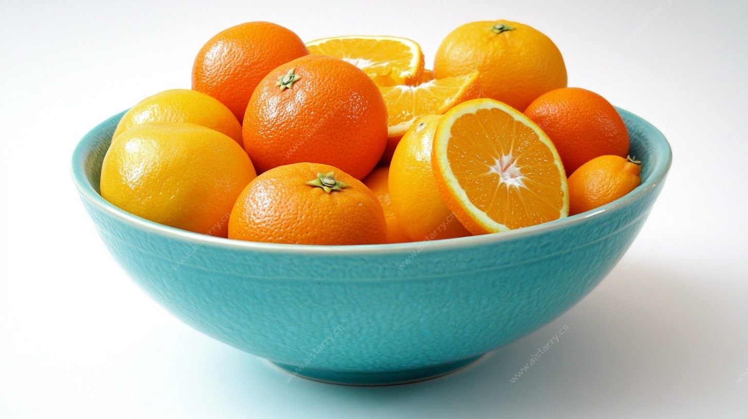 蓝碗中的缤纷柑橘