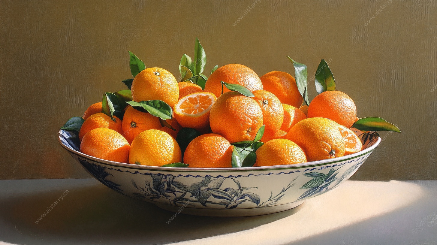 青花瓷盘中的鲜橙静物