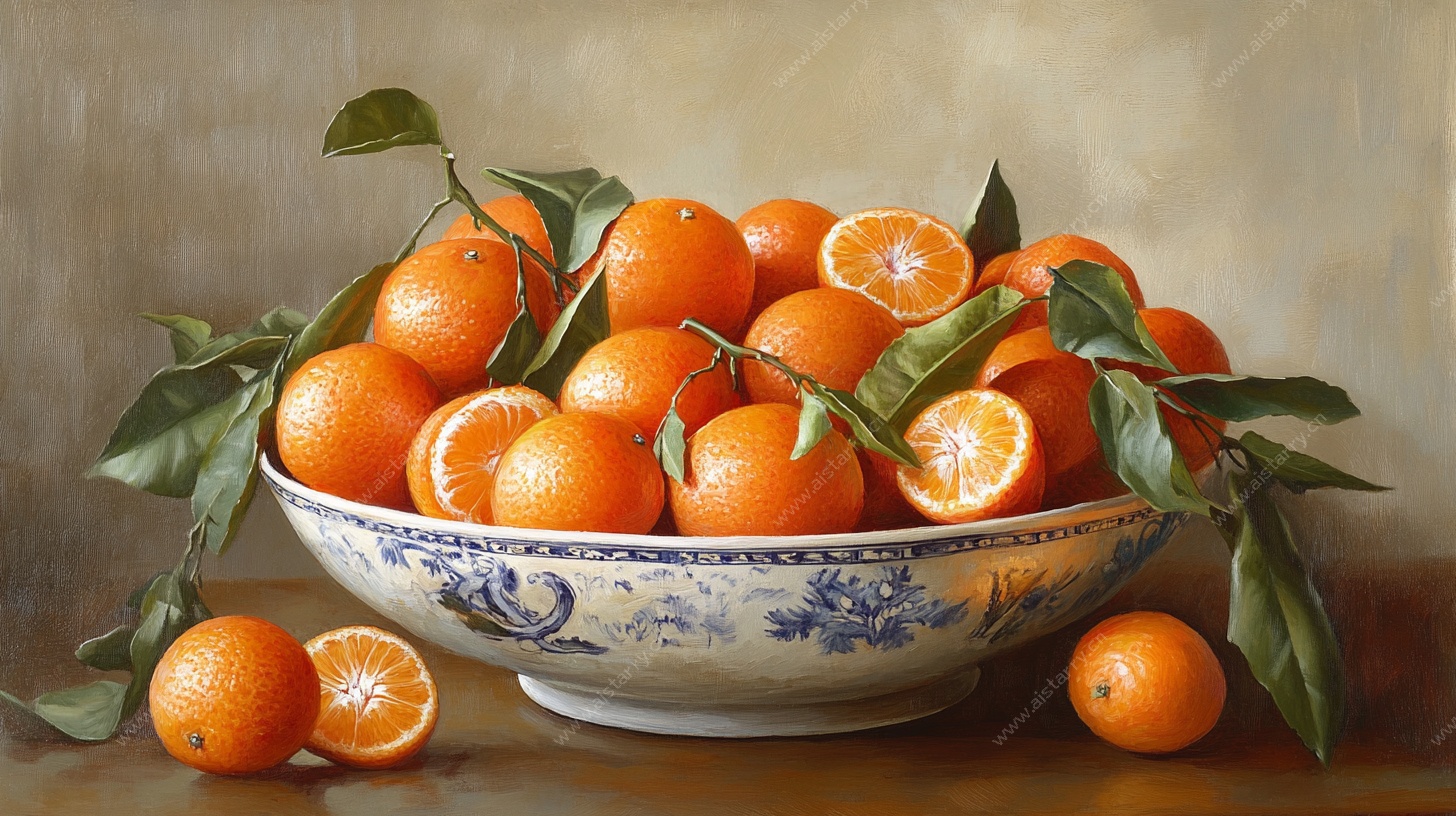 蓝白瓷碗中的鲜橙静物画