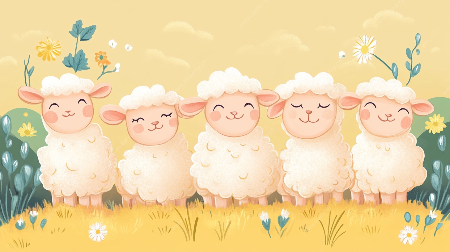 五只萌羊的田园小景