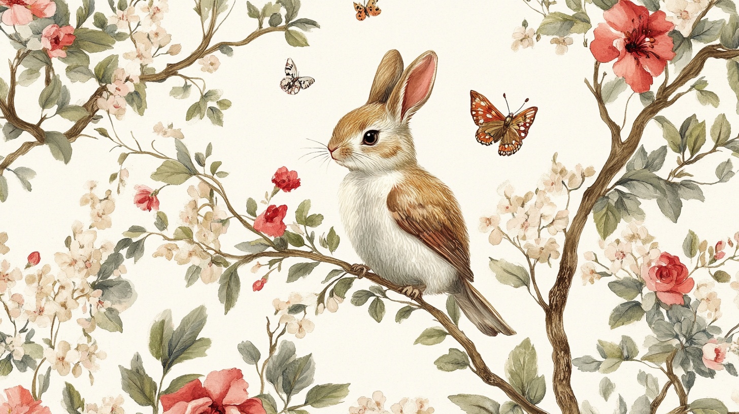 花鸟萌兔田园风插画
