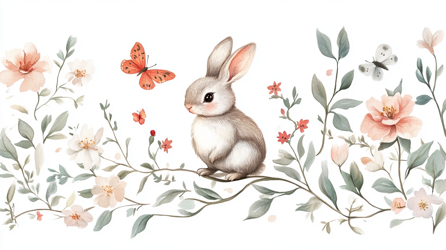 萌兔伴花蝶的清新插画