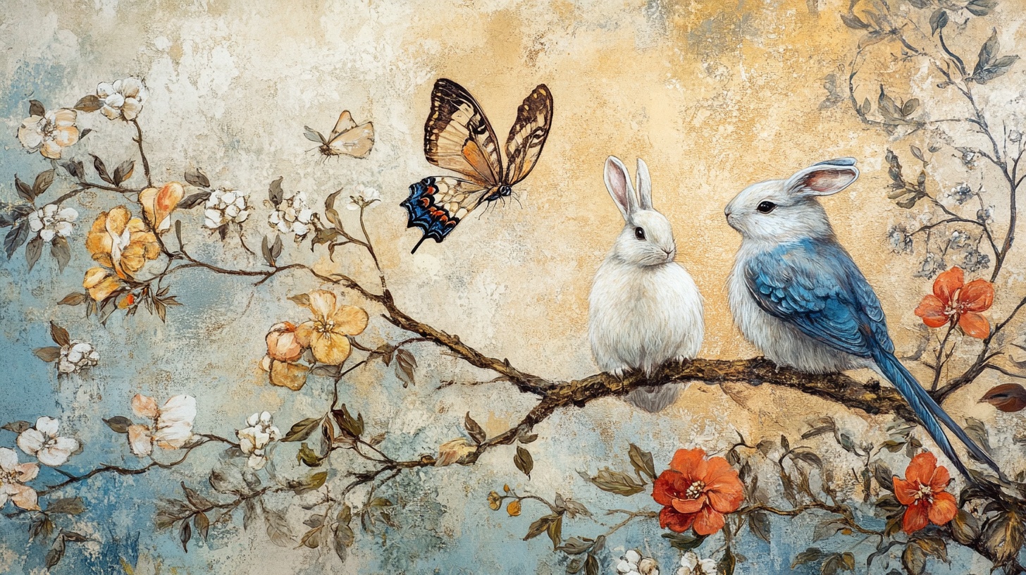 枝头萌趣 兔鸟蝶共栖图