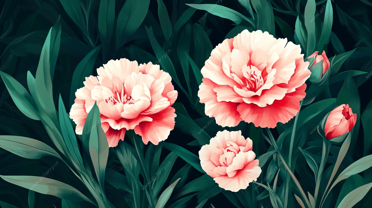 娇艳康乃馨与绿叶插画