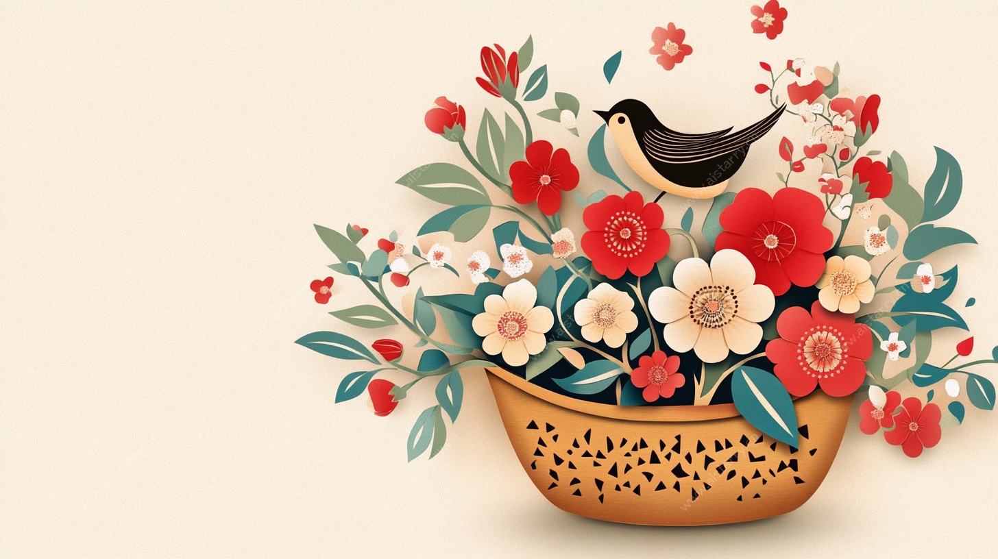 花篮中的小鸟与繁花