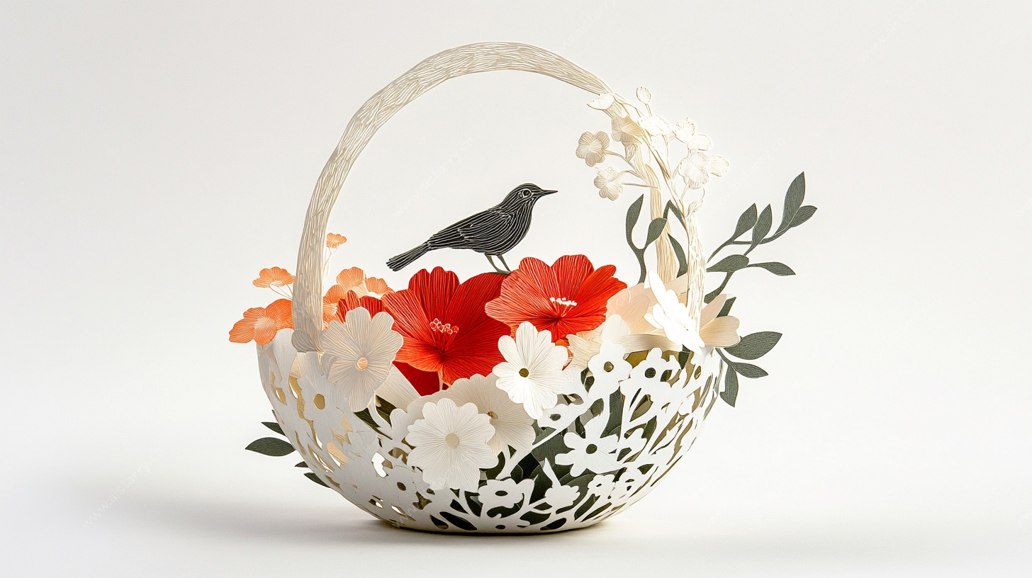 纸艺花篮与栖鸟装饰