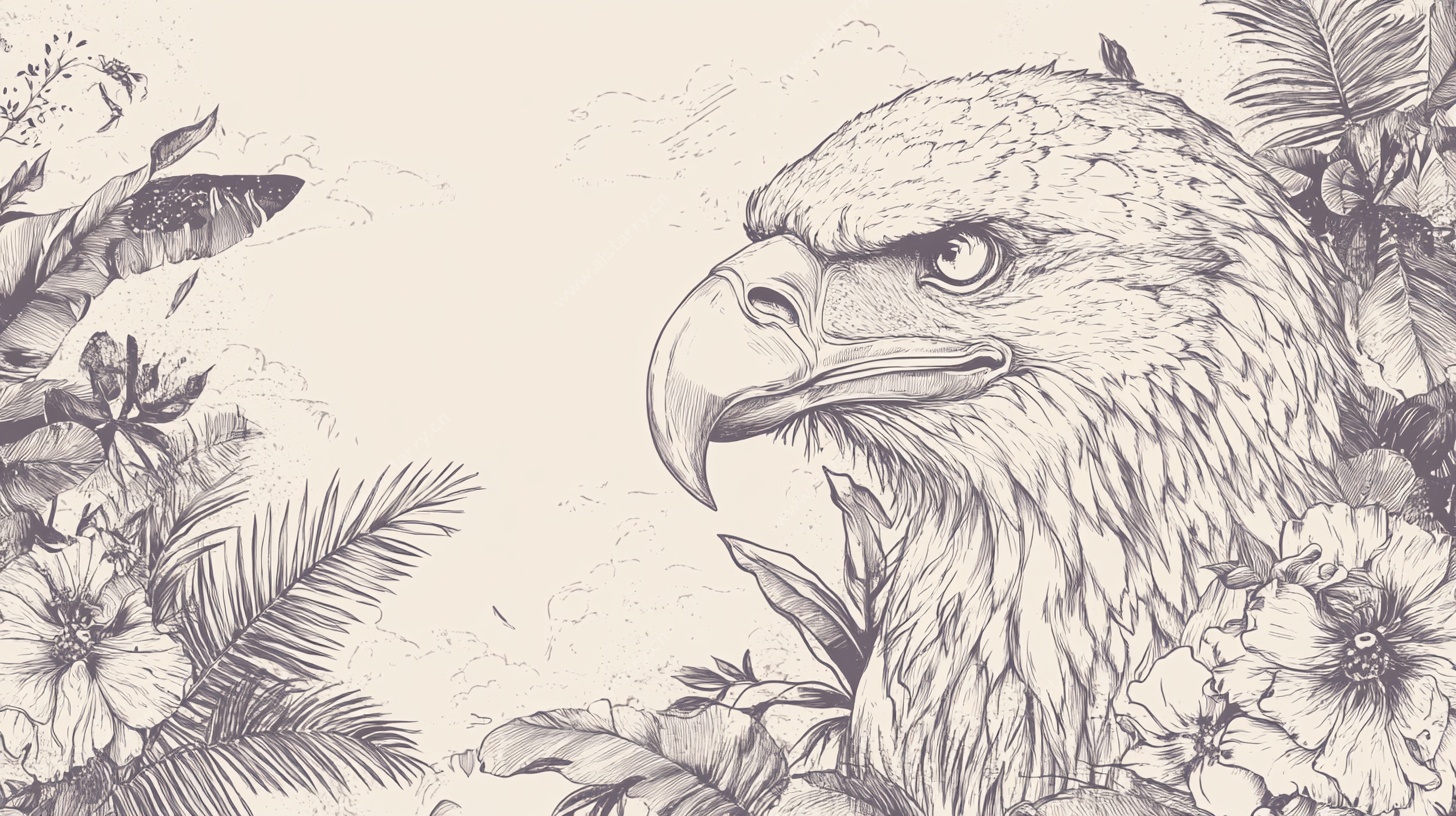 鹰与花卉的精致线描图