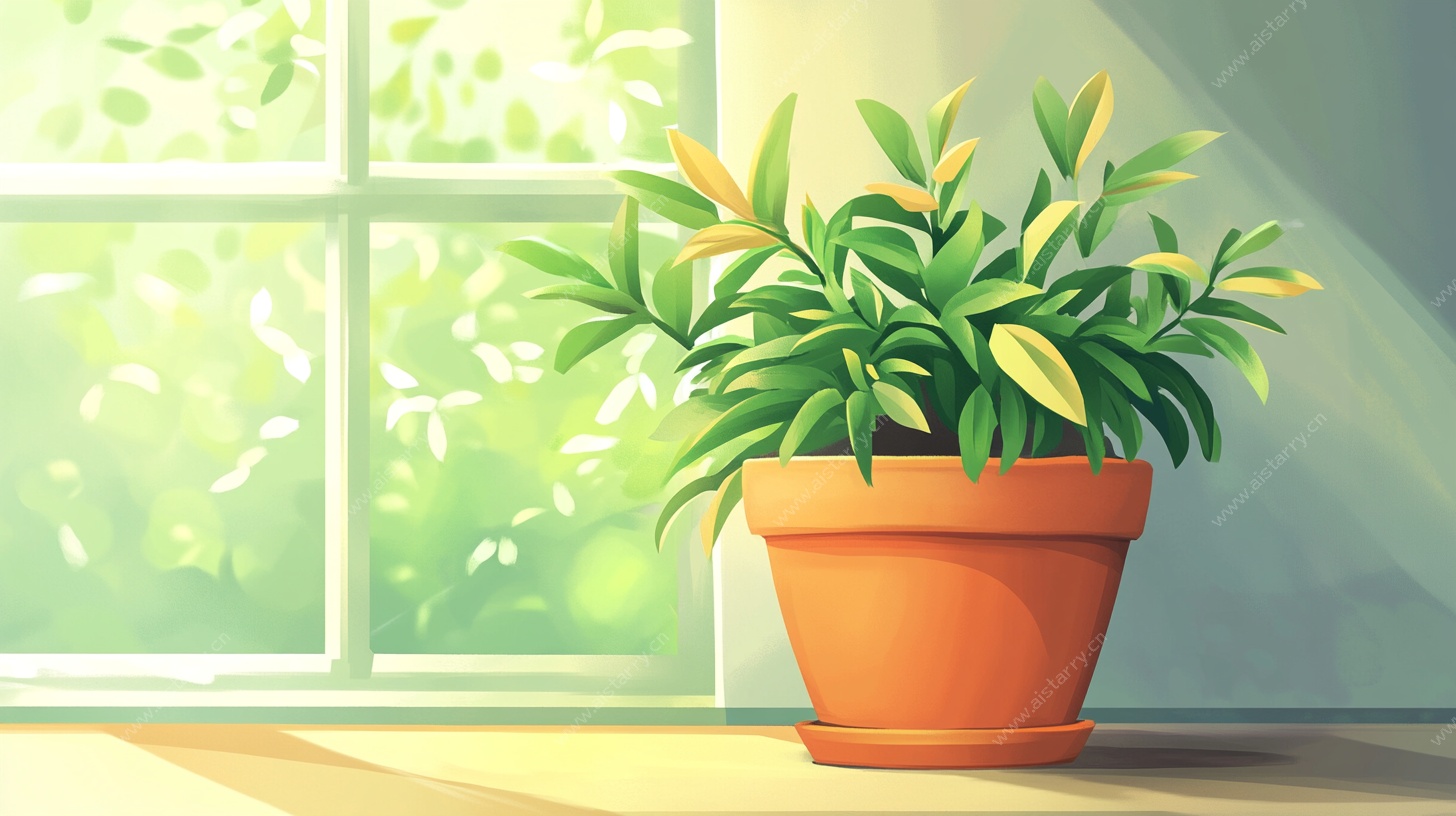 窗边绿植盆栽插画