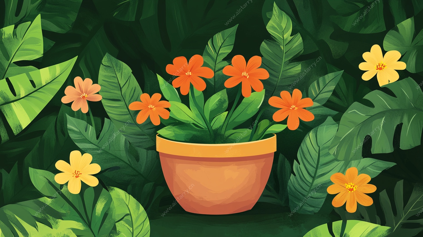 花盆中的多彩花卉插画