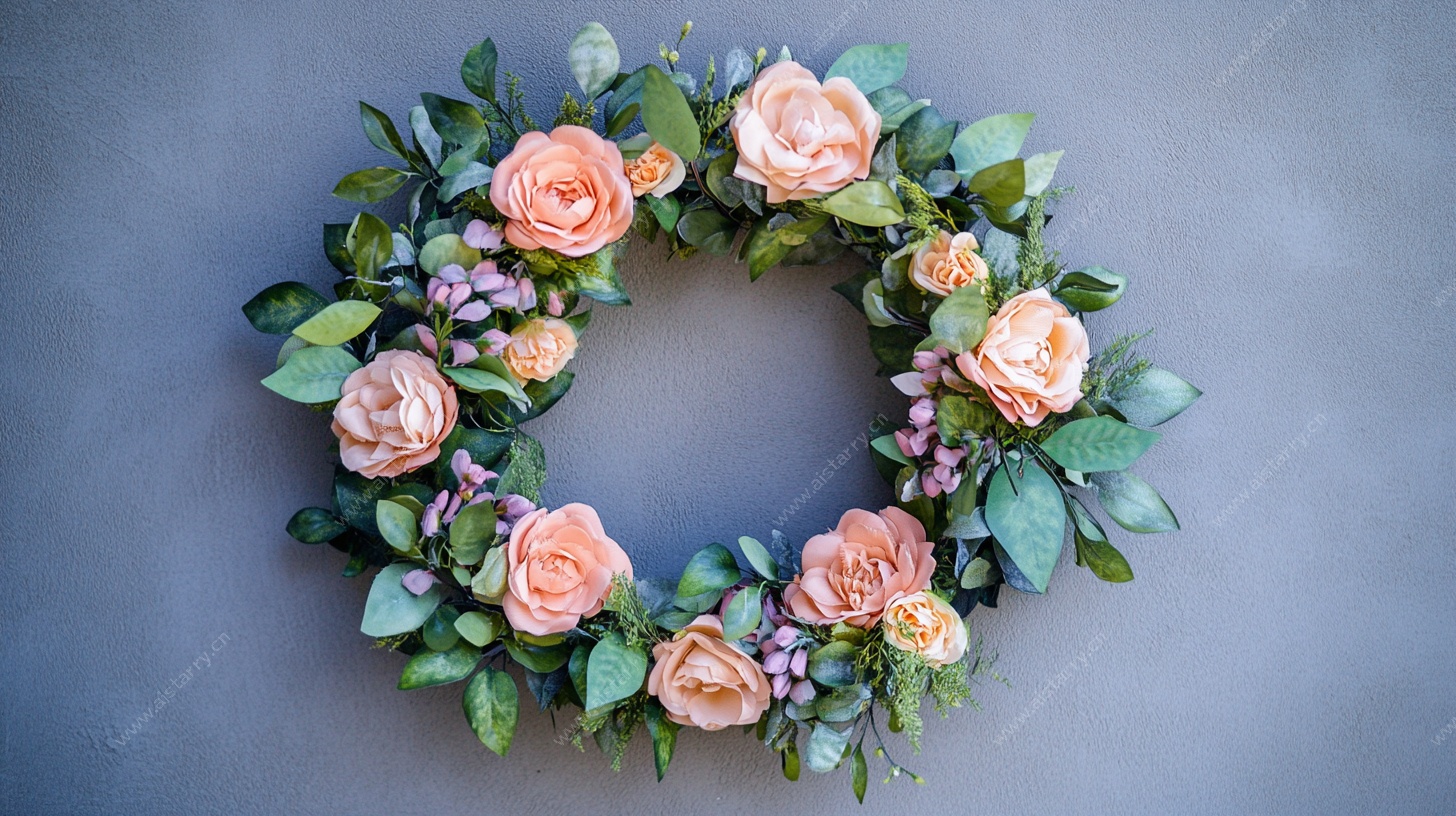 粉色玫瑰绿叶花环装饰