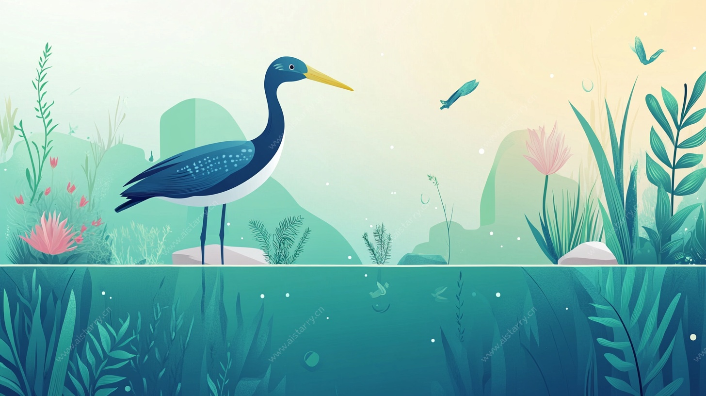 蓝鹭立于水生植物间画面