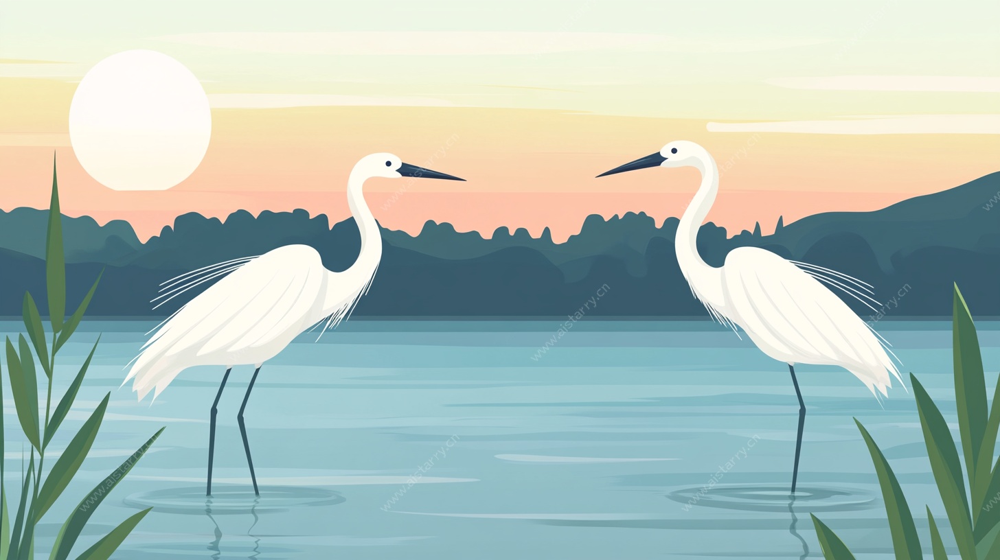 夕阳下的白鹭湖畔对视