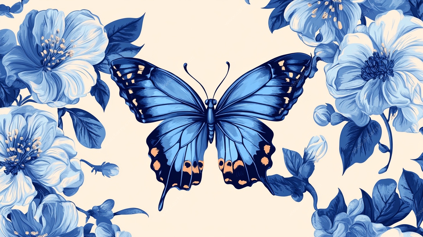 蓝蝶戏花图
