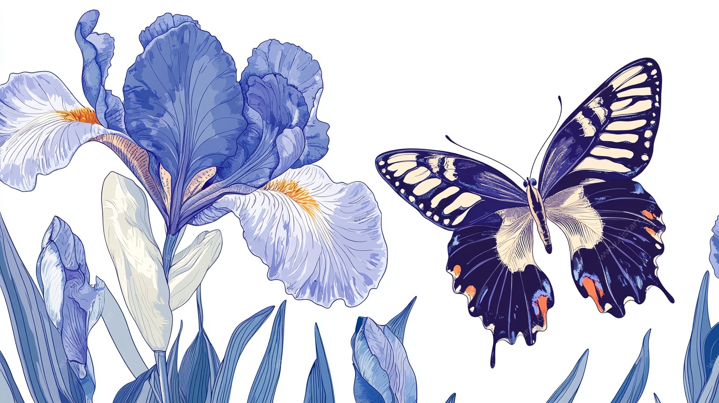 蓝鸢尾与蝴蝶插画