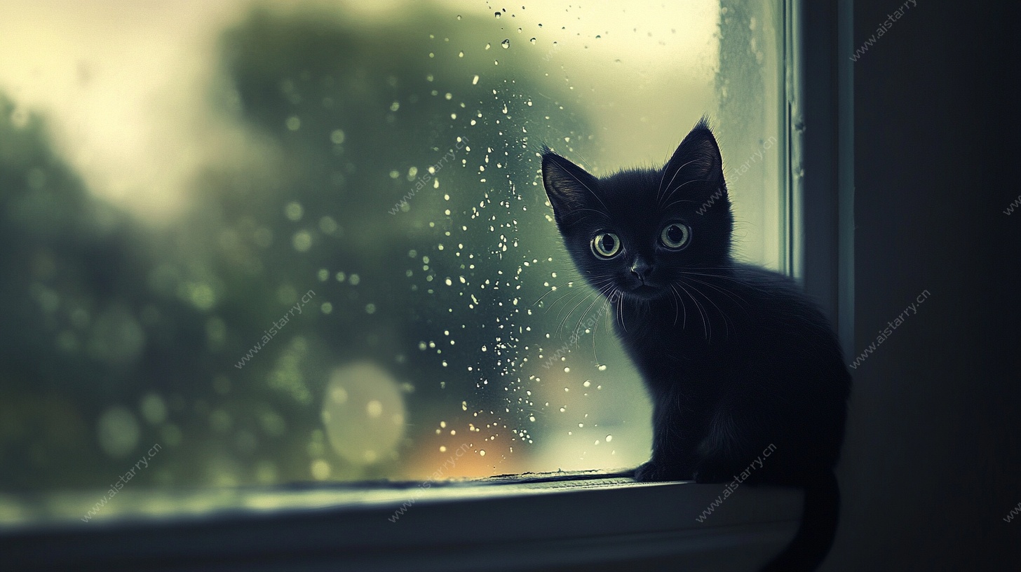 窗边小黑猫 雨中萌态