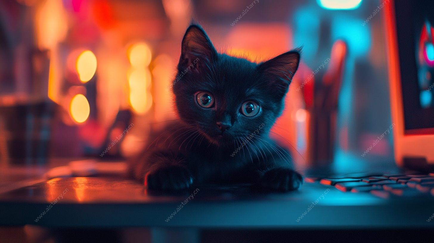 黑猫咪趴于电脑前的梦幻场景