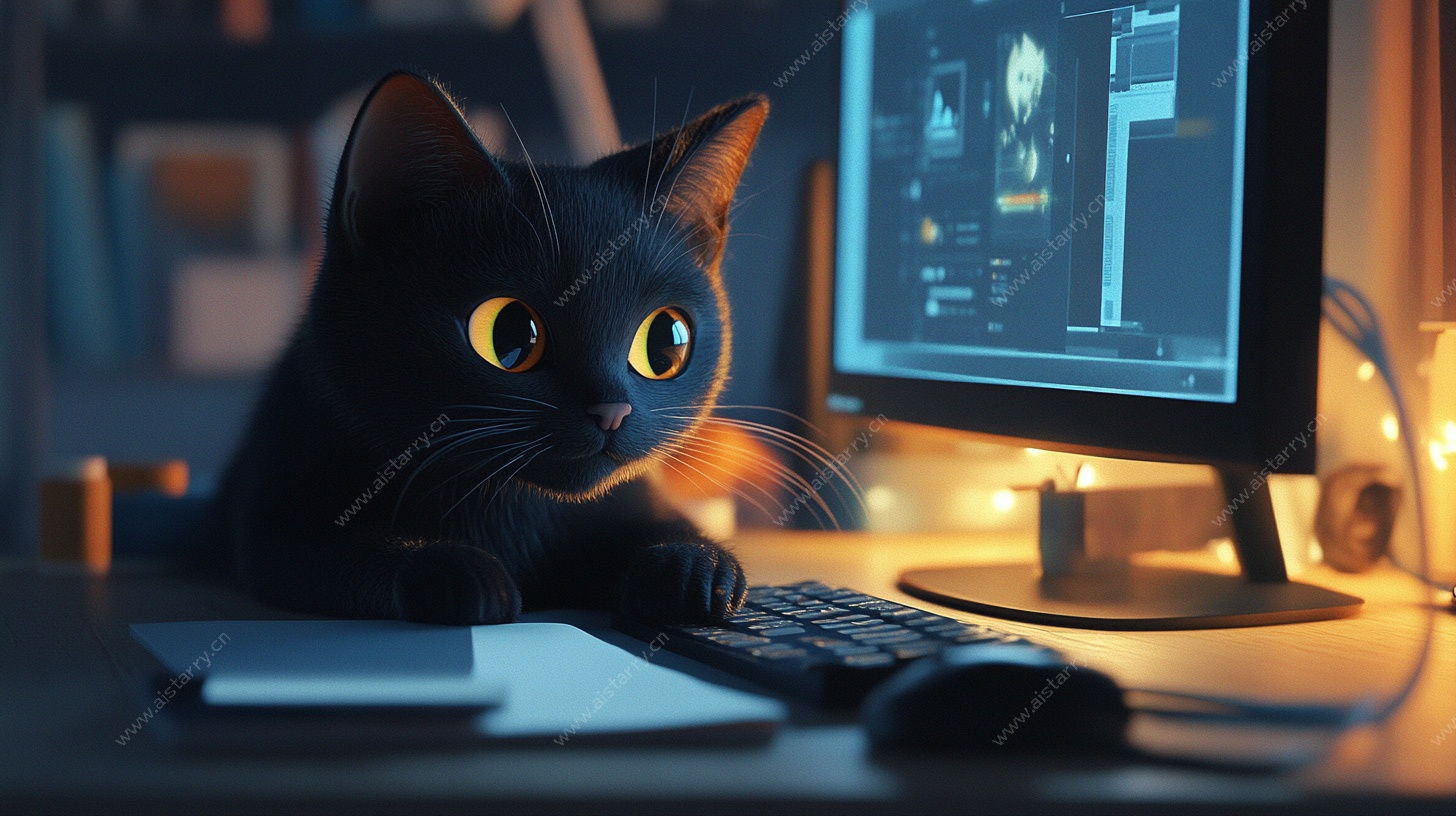 黑猫专注电脑前萌态尽显