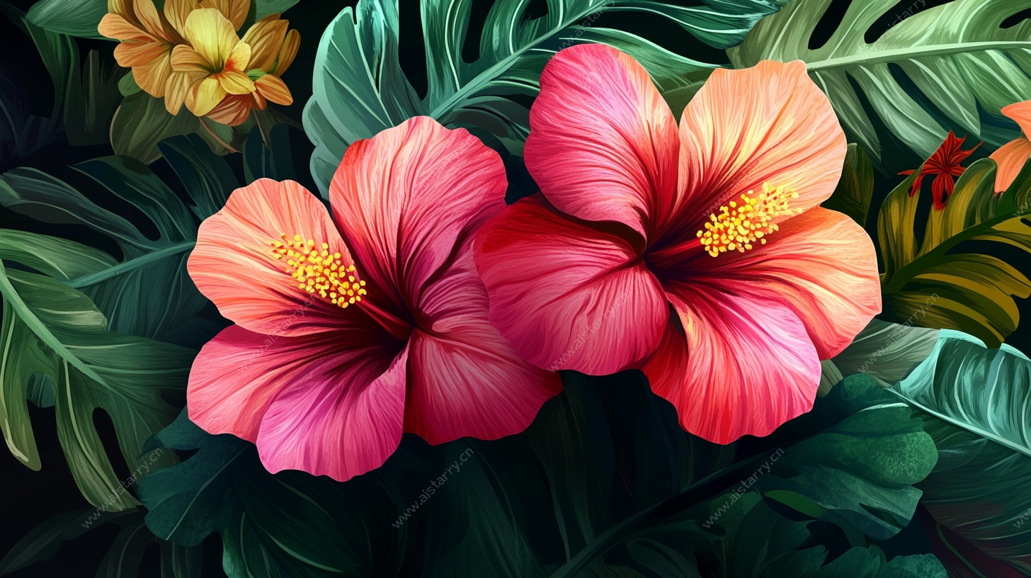 艳丽扶桑绽放繁茂绿叶间