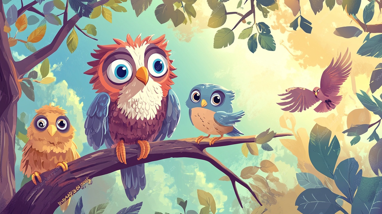 枝头的猫头鹰与飞鸟