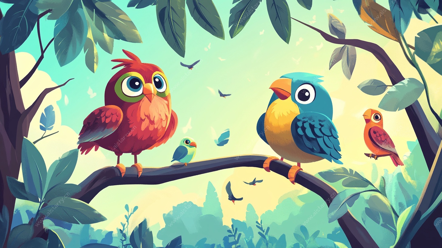 森林中多彩鸟儿栖息枝头
