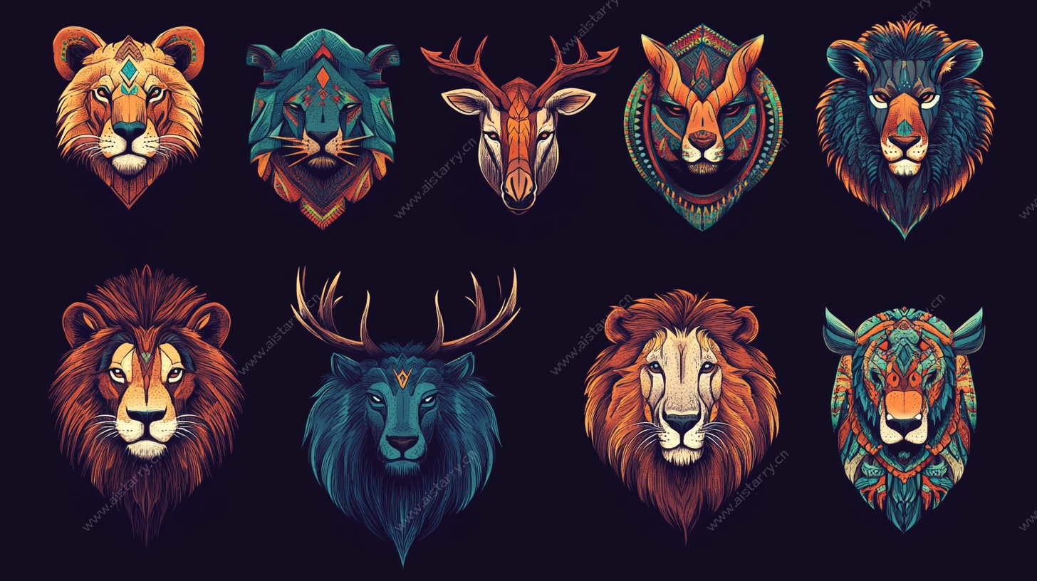 动物图腾风格的多彩兽头集合