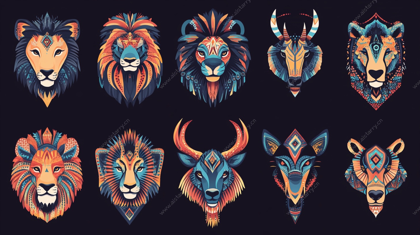 多彩动物头图腾插画