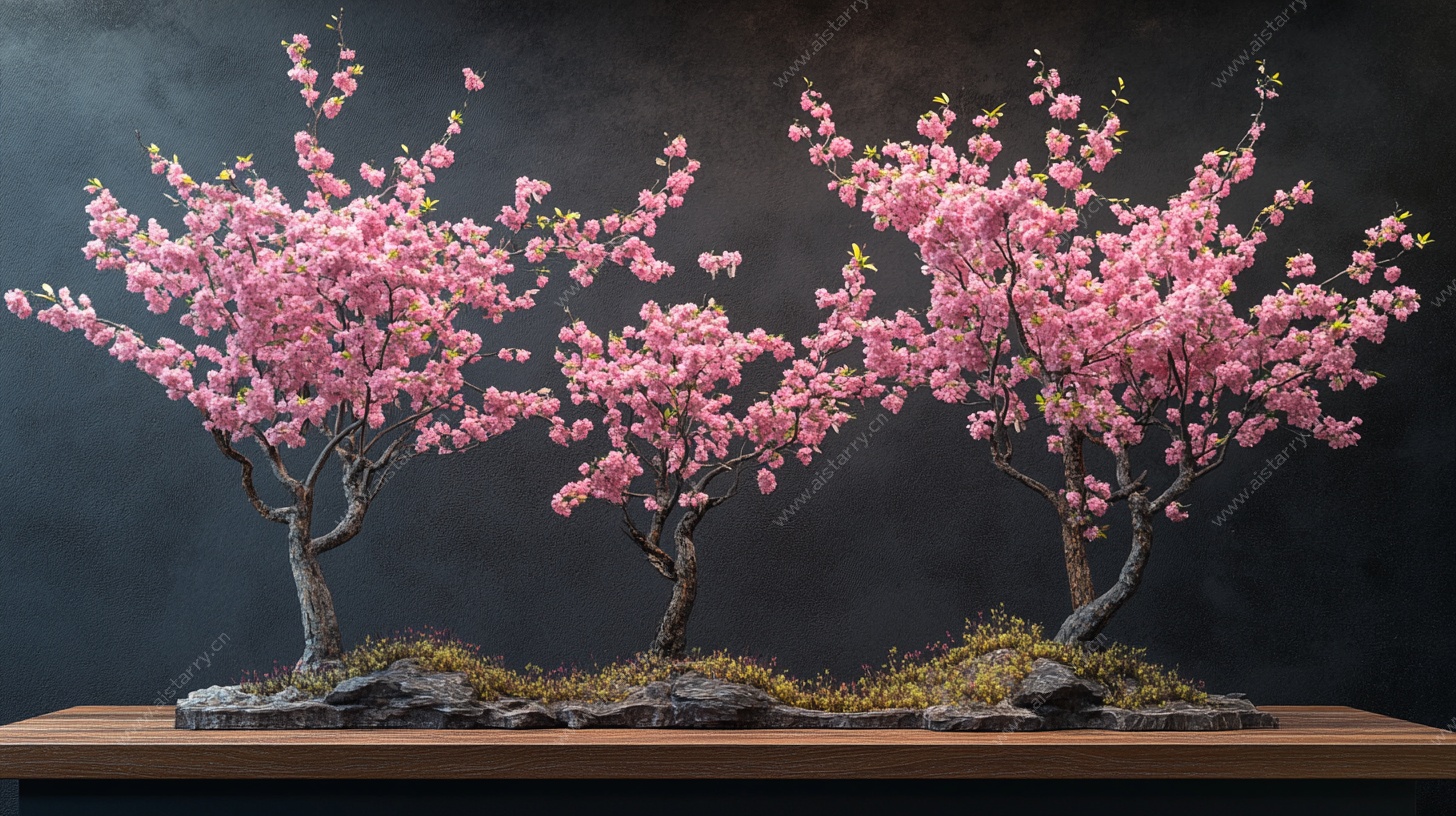 三株粉樱盆景艺术展示