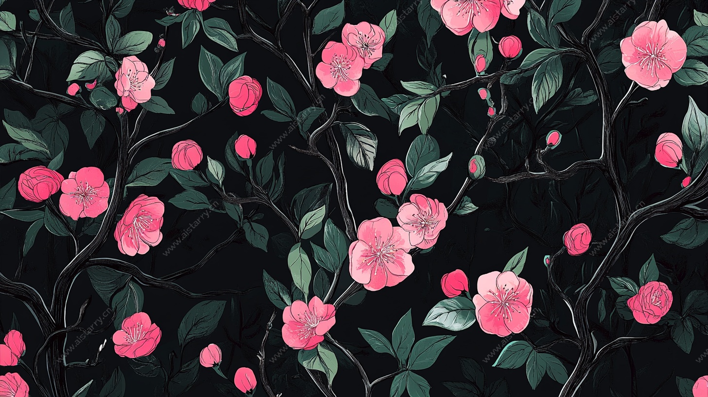 黑色背景粉色花卉图案