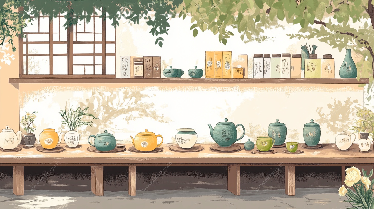 茶室雅景 茶具与绿植相映