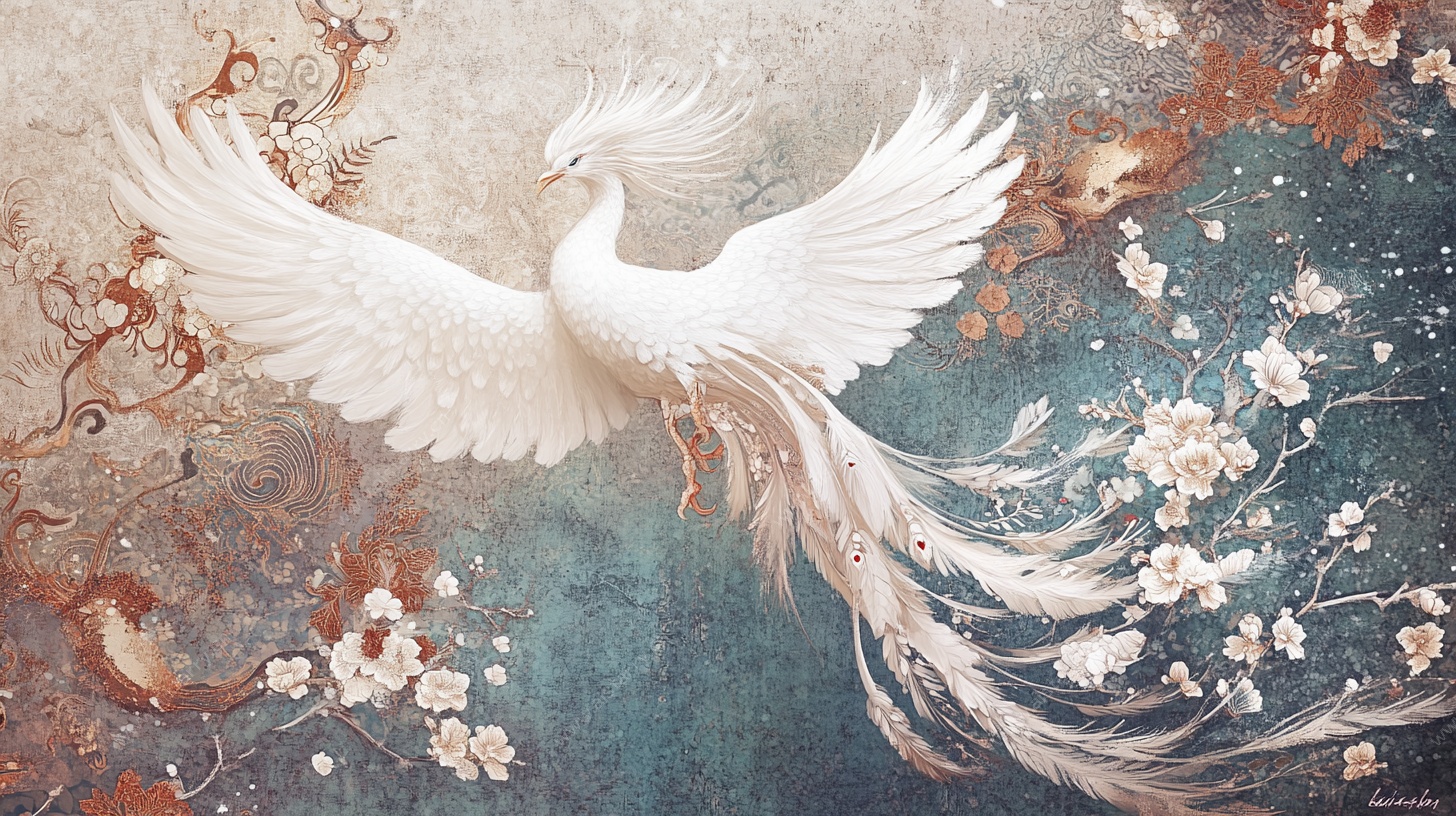 白凤凰于繁花间展翅飞舞