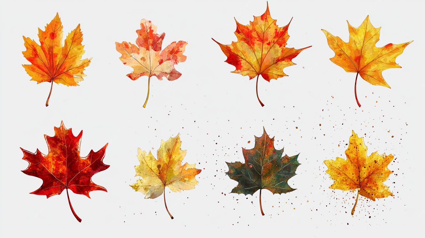 水彩绘多彩枫叶集合