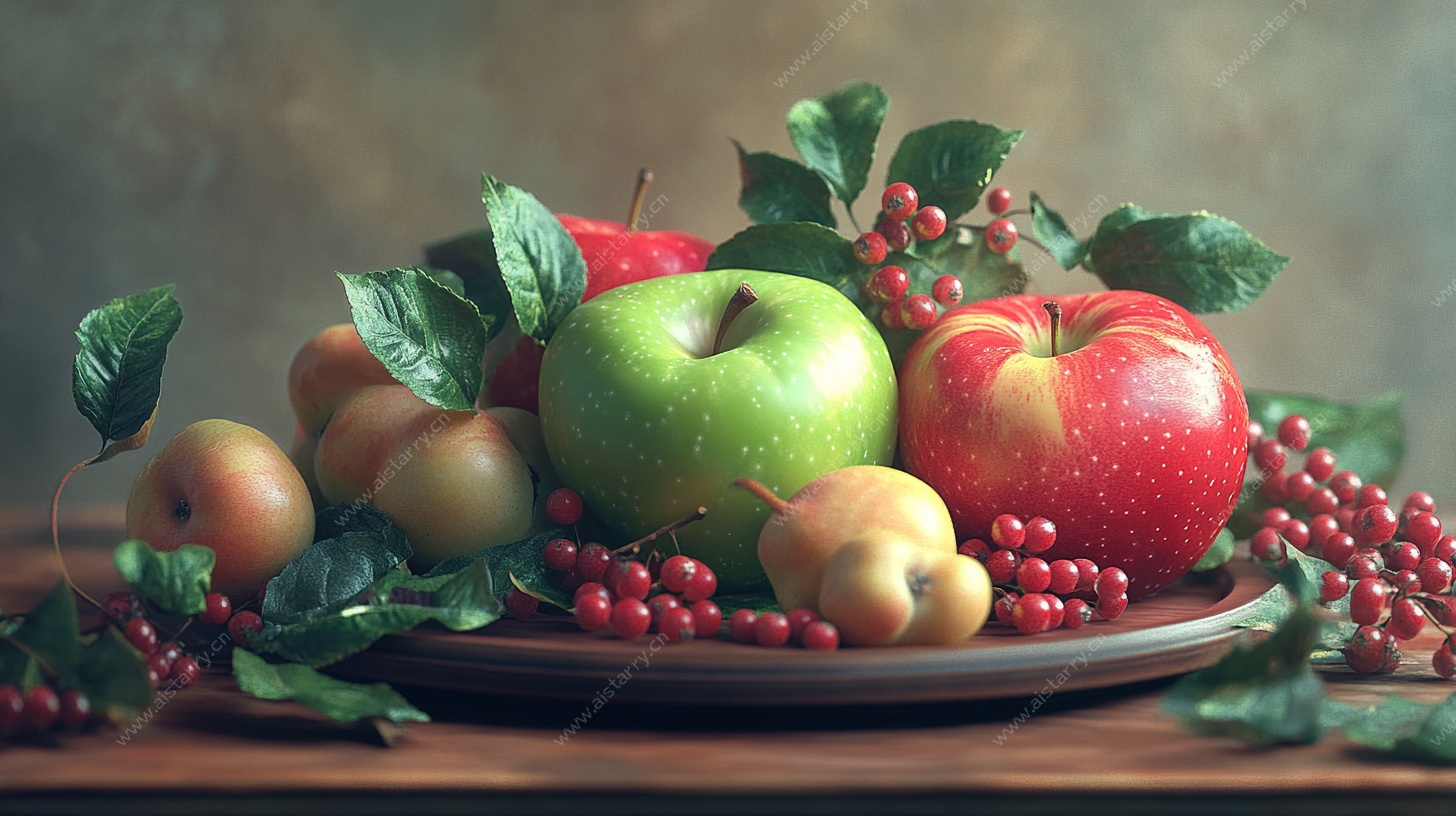 静物苹果盘 多彩果实与叶