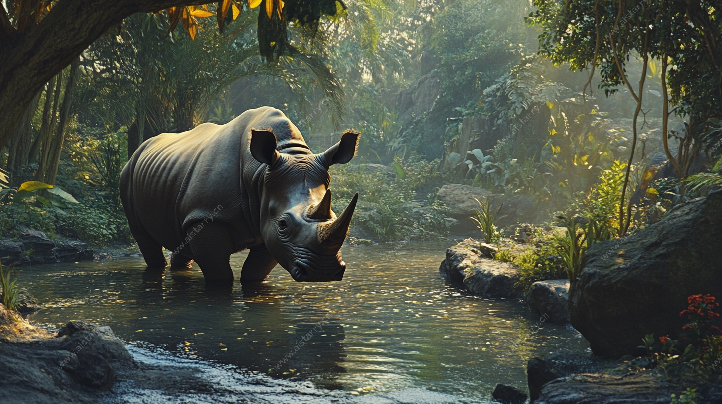 犀牛漫步丛林溪流间