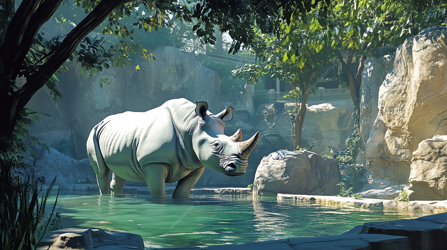 白犀牛于林间水潭休憩