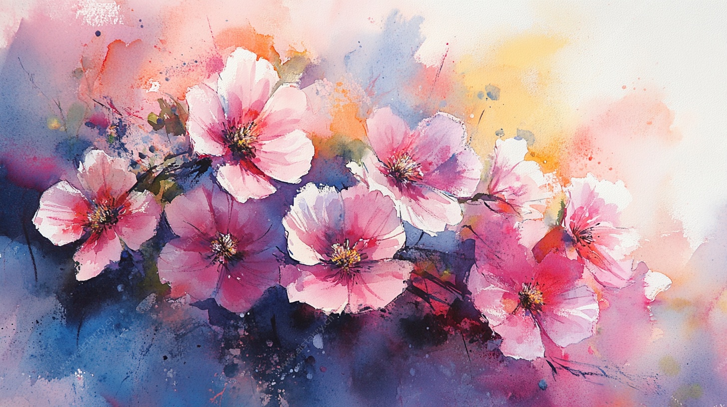 梦幻水彩绽放粉色花朵