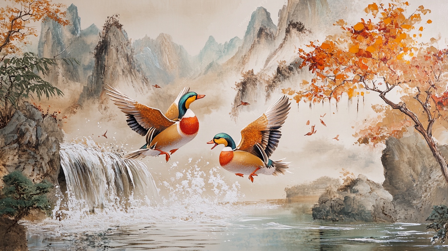 双鸭戏水山水间