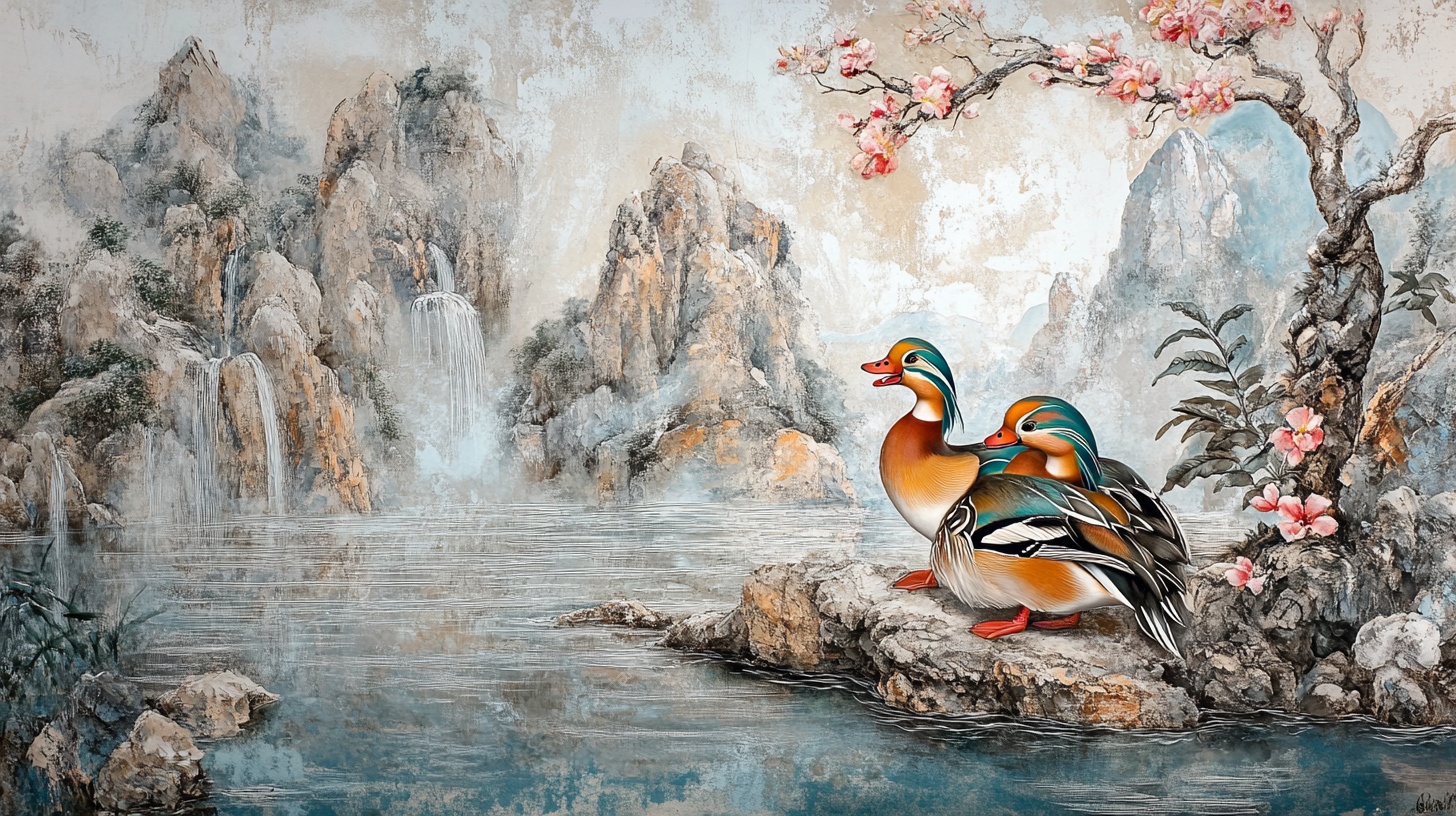 鸳鸯栖于山水间国画图